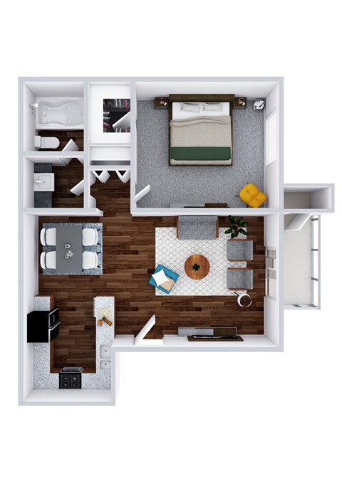 Floor plan for 1 bed, 1 bath, 670 sqft